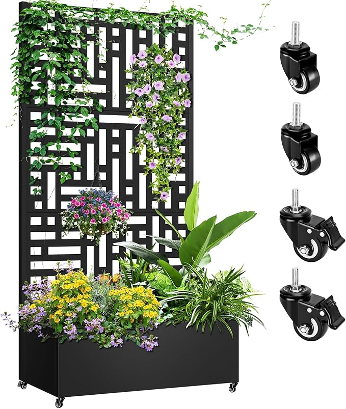 Metal Planter Box with Trellis 72x35x16 Metal Raised Garden Bed with Trellis Planter Box with Drainage Holes &amp Lockable Casters for Climbing Plants Vegetables and Vines