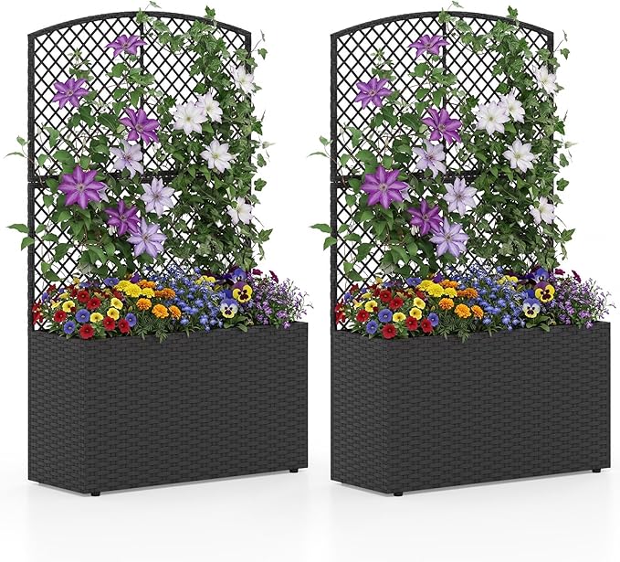 HAPPYGRILL Raised Garden Bed with Trellis 49 Wicker Planter Box w/Privacy Screen Liner Drainage for Patio Balcony Outdoor PE Rattan Elevated Garden Bed for Climbing Plant Vine Flower (Brown2)