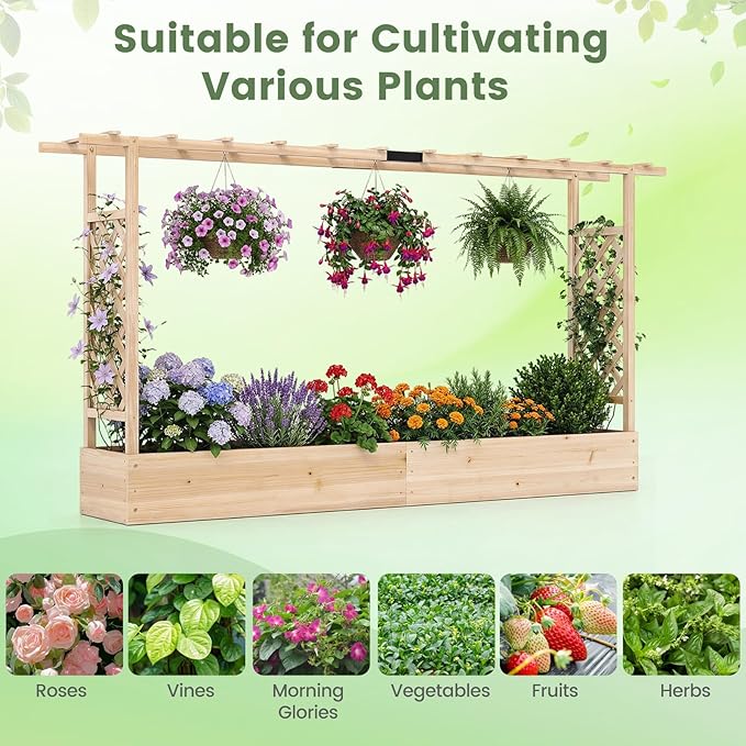 BECOMFORT Raised Garden Bed with Trellis &amp Hanging Roof 45 Tall Fir Wood Planter Box with Drainage Holes Outdoor Elevated Garden Planter for Climbing Vines Perfect for Patio Lawn &amp Backya
