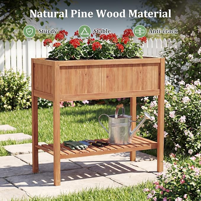 Giantex Raised Garden Bed Wood Planter Box with Plant Stand &amp Black Liner 40x20x39 Raised Bed for Indoor Outdoor Plants Vegetables Flower Herbs Fruit Gardening (2Reddish Brown)