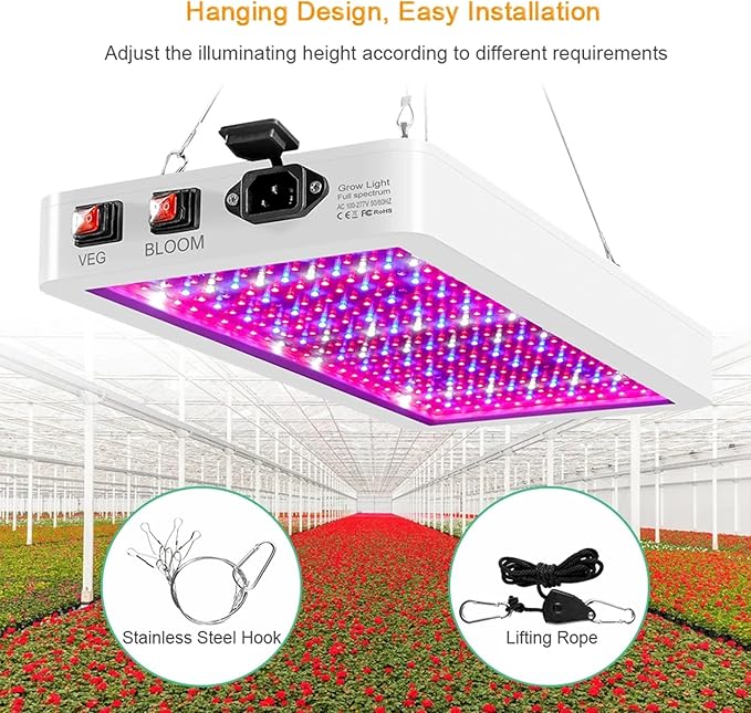 1000W LED Grow Lights Double Chips Full Spectrum Daisy Chain 3 Modes Timer Plant Light for Greenhouse and Indoor Plant Veg and Flower Growing312 LEDs