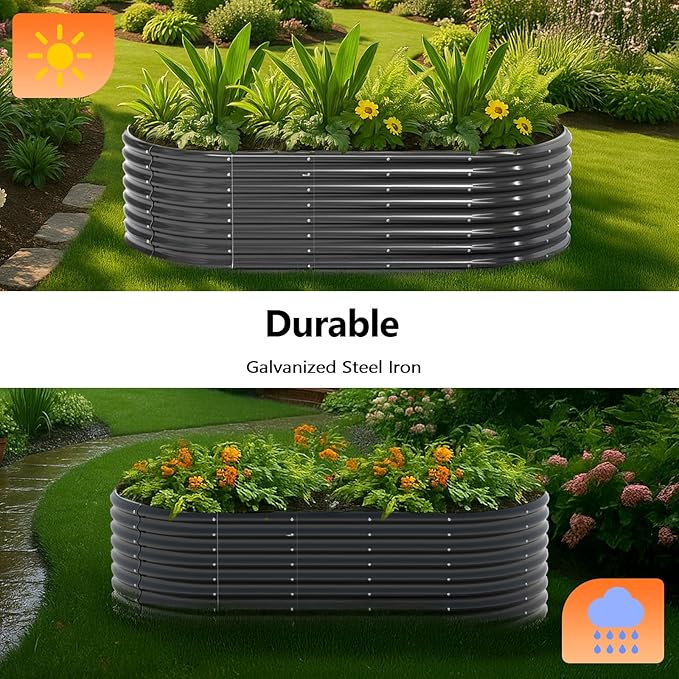 VINGLI 8x4x2ft Raised Garden Bed Oval Planter Boxes Outdoor Galvanized Raised Garden Beds for Gardening Easy Assembly Planter Boxes for Vegetables (Black)