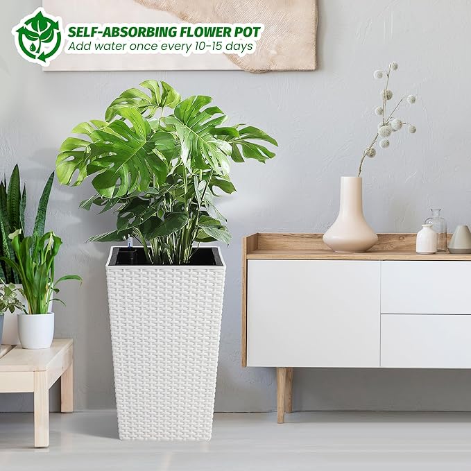 IDEALHOUSE 16 in Self-Watering Planters Set of 2 Tall Rattan Indoor Outdoor Planter Pots with Water Level Monitor Drainage Holes &amp Inner Bucket for Home Patio Balcony White