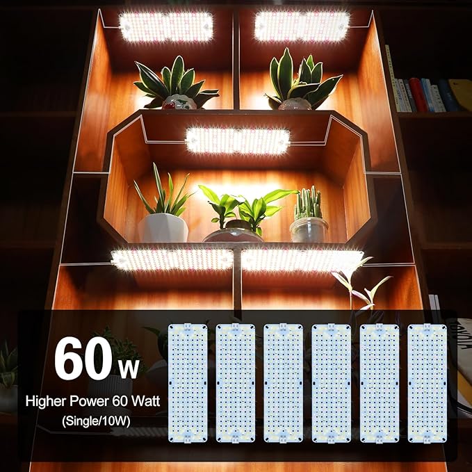 6Pack Flat Grow Lights for Indoor Plants Seed Starting Veg 4/8/12/16/20H Timer Light and Thin 60W Grow Lights for Under Cabinet Plant/Shelves Two Connection Modes Quick Installation