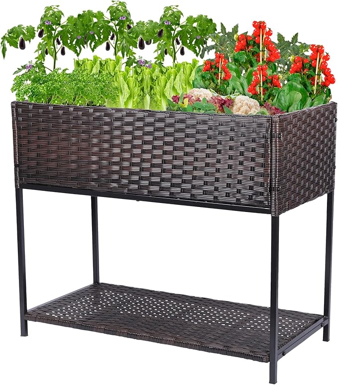 Raised Garden Bed - Rattan Raised Bed Wicker Elevated Raised Garden Bed with Underneath Tool Storage Rack Outdoor Raised Planter Box
