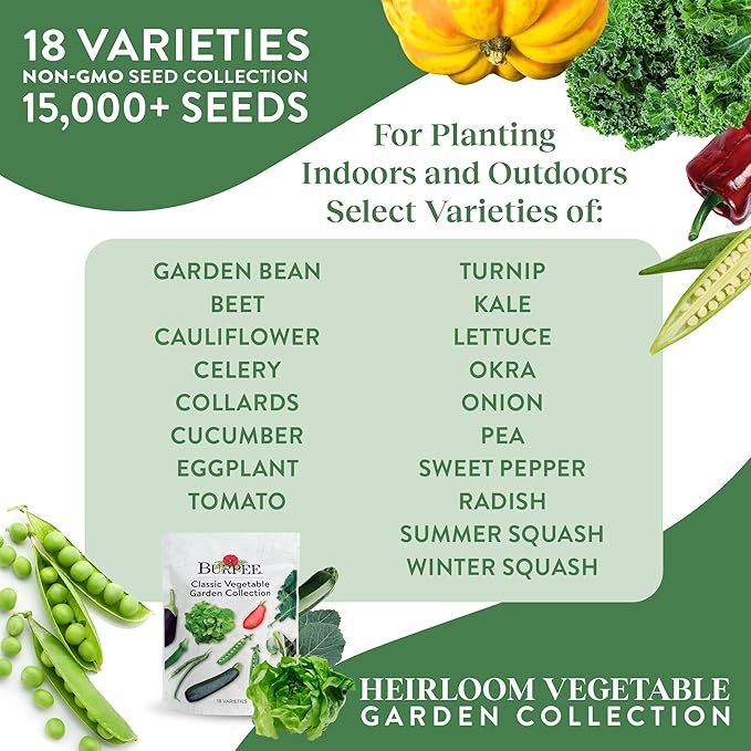 Burpee Heirloom Vegetable Seeds - 15000+ Seeds - Beans Beets Cauliflower Celery Collards Cucumber Eggplant Kale Lettuce Okra Onion Pea Sweet Pepper Radish Squash Tomato Turnip