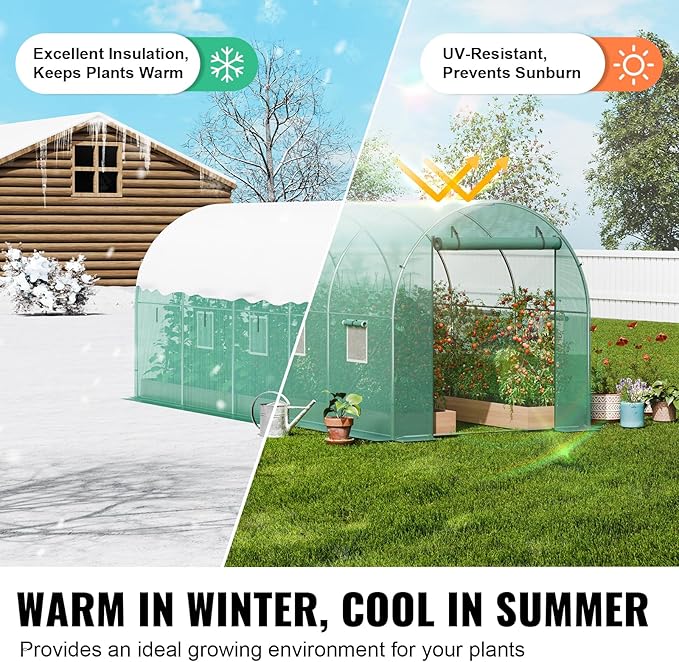 VEVOR Walk-in Tunnel Greenhouse 14.6x6.4x6.3 ft Hoop House Greenhouse Tunnel Plant Hot House with Galvanized Steel Frame Green PE Cover Roll-up Zipper Door and 8 Windows for Outdoor