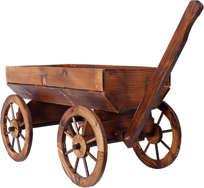 Wood Wagon Flower Planter Pot Stand WWheels Home GOutdoor Decor
