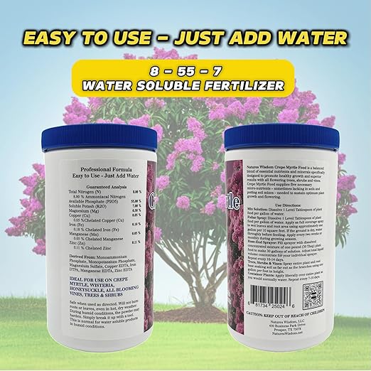 Natures Wisdom Crepe Myrtle Tree 8-55-7 Water Soluble Fertilizer Plant Food Balanced Nutrient Blend for Flowering Trees Shrubs and Vines | 1.5 Lb