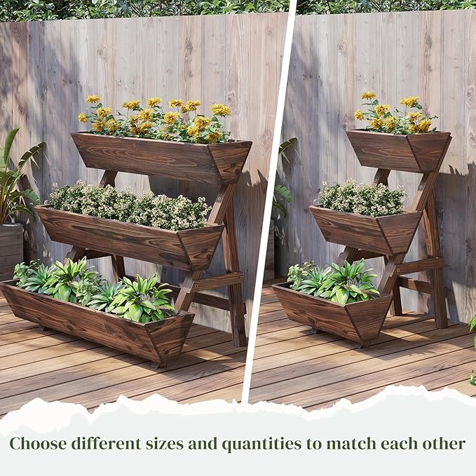 3-Tier Wooden Vertical Raised Garden Bed with Legs Tiered Planter Box Vertical Garden PlanterWood Plant Stand Wood Flower Rack for Patio Balcony Freestanding. (Carbonized-Large)