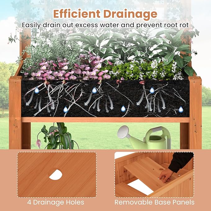 Raised Garden Bed Wooden Elevated Planter with Trellis &amp Storage Shelf All-in-One Planter for Patio Yard Balcony Outdoor Garden Enthusiasts Brown