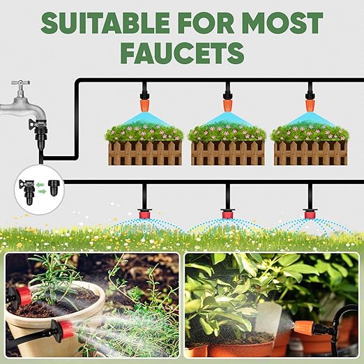 OnBrand 164FT Drip Irrigation System Quick-Connect Garden Irrigation System Kit for Raised Flower Bed Vegetable Garden Pots Automatic Garden Watering System with Tubings and Complete Accessories