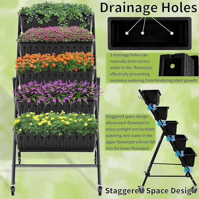 Homdox 2 Pack Vertical Garden Bed 5 Tiers Raised Garden Planter 25.6 * 26 * 48 Inch with Drainage System &amp 4 Hooks Vegetable Flower Stand for Garden Patio Yard (Black with 4 Wheels)