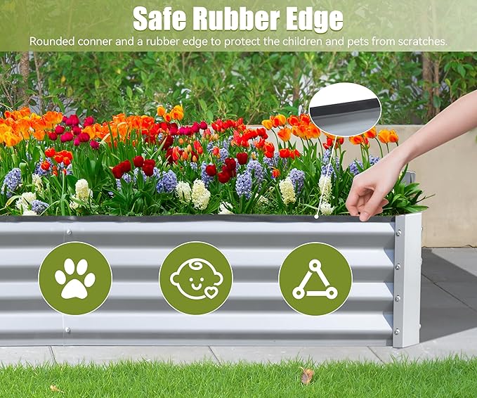 8x4x1 ft Galvanized Raised Garden Bed Outdoor Planter Garden Boxes Large Metal Planter Box for Gardening Vegetables Fruits Flowers Silver