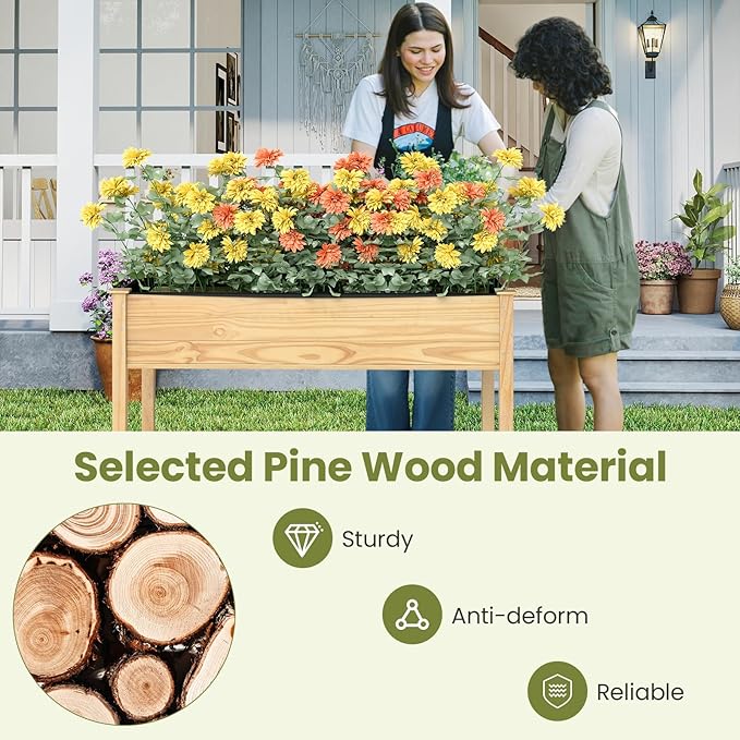 Raised Garden Bed 47 x 22.5 x 30 Elevated Planter Box w/Legs &amp Drainage Hole Wooden Planter Raised Bed for Vegetables Flowers Herbs Perfect for Outdoor Gardening Backyard Lawn Natural