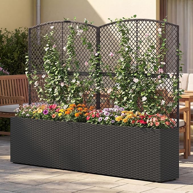 Happygrill Raised Garden Bed with Trellis 58 Wicker Planter Box with Privacy Screen Liner Drainage for Patio Balcony Outdoor PE Rattan Elevated Garden Bed for Climbing Plant Vine Flower (Black2)