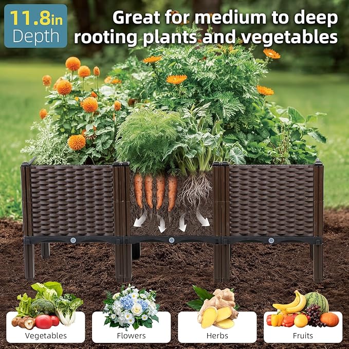 Rattan Raised Garden Bed with Legs-Rectangular Elevated Deep Planters for Outdoor Plants Self Watering Planter Box 47L x 16W x 20H Rectangular Deep Garden Bed for Vegetables Flowers Herbs