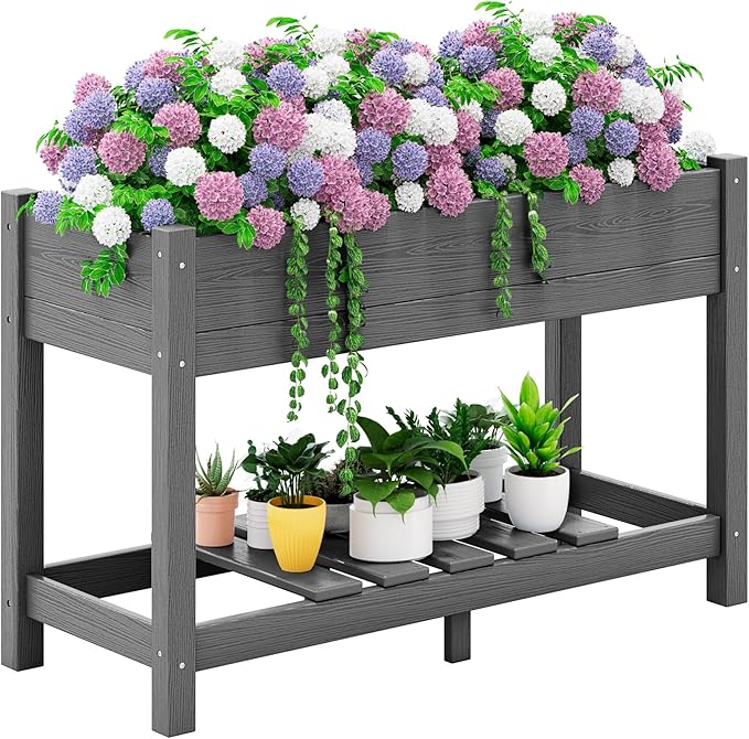 SERWALL Raised Garden Bed with Legs 43×17×30 Large HDPE Elevated Planter Box for Vegetables Flower Herb Patio All Weather Use- Gray