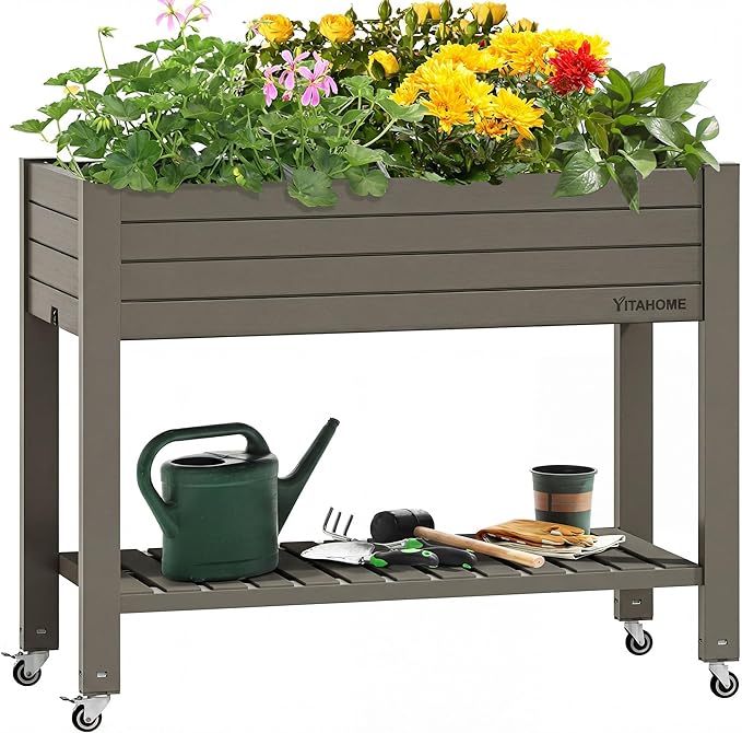 YITAHOME 43.3x17.7x34 in Elevated Garden Bed Outdoor Plastic Planter Box with Wheels Legs Drain Plug and Storage Shelf for Plants Vegetables Flowers Herbs Light Brown