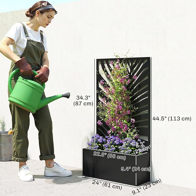 Outsunny Metal Raised Garden Bed with Trellis for Climbing Plants Freestanding or Wall Mounted Flower Bed with Privacy Panel Large Leaf Cut-Out Outdoor Planter Box for Garden Patio Balcony