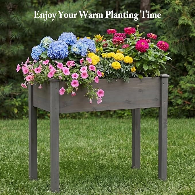 DUMOS Raised Garden Bed with Legs 34x18x30 Inch Planter Box Outdoor with Liner for Herbs Flowers Vegetables Elevated Wooden Garden Bed for Patio Balcony and Backyard Dark Grey
