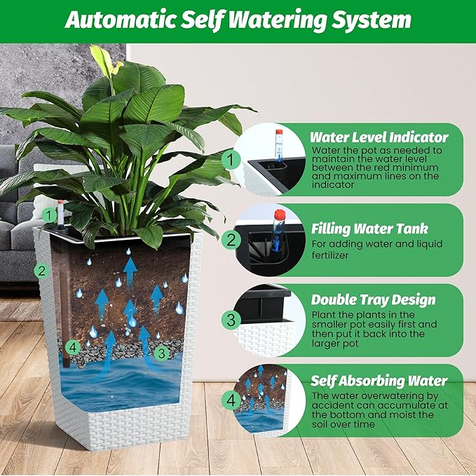 IDEALHOUSE 16 in Self-Watering Planters Set of 2 Tall Rattan Indoor Outdoor Planter Pots with Water Level Monitor Drainage Holes &amp Inner Bucket for Home Patio Balcony White