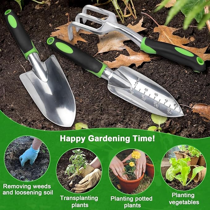 6Pcs Garden Tool Set Aluminum Alloy Gardening Tools Sand Digging Set Non Slip Ergonomic Handle Depth Marking Hand Rake Weed Puller Garden Fork &amp Pruning Shear Garden Hand Tools (Orange)