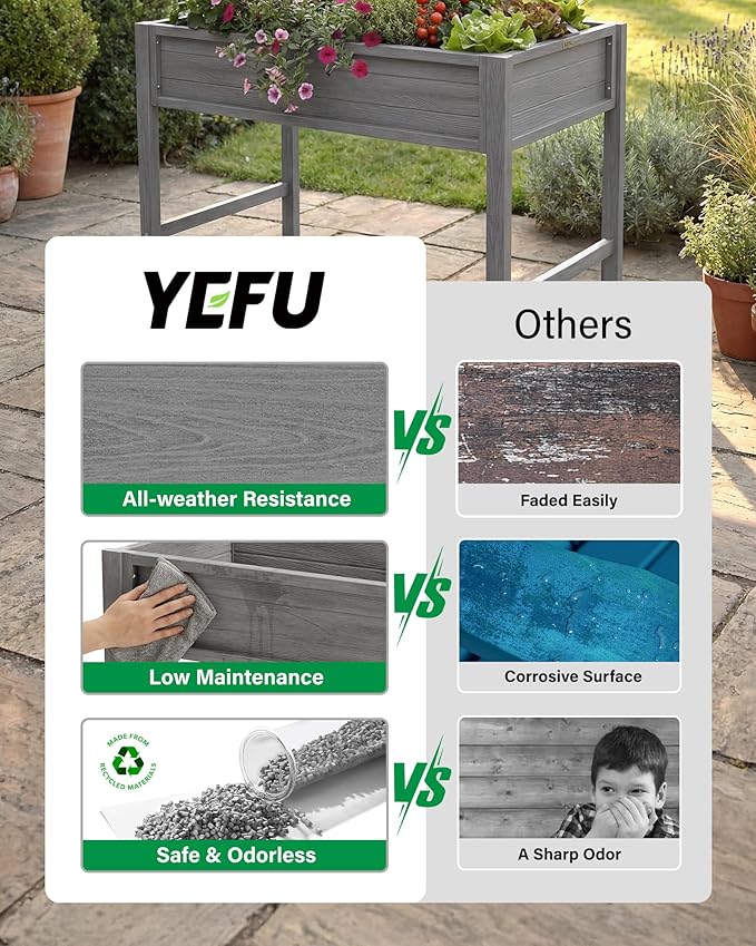 YEFU Standing Garden Bed No-Bending: 48x24x30 Inch Elevated Planter Box with Legs for Vegetables Herbs Flowers - Waist-High/UV-Resistant HIPS - 385lbs Capacity for Patio Balcony Use (Grey)