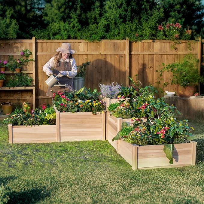 AMERLIFE 3-Tier Raised Garden Bed for Outdoor Gardening Fir Wood Planter Box with Dividers Tool-Free Assembly Garden Box Perfect for Vegetables Herbs and Flowers