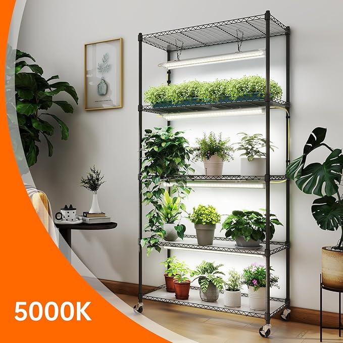 Bstrip Plant Shelf with Grow Light 5-Tier Plant Stand with T8 24W Grow Light for Indoor Plants with Wheel Grow Light Shelf with Timer for Indoor Plant Seedling Seed Starting 29.5x13.8x59IN