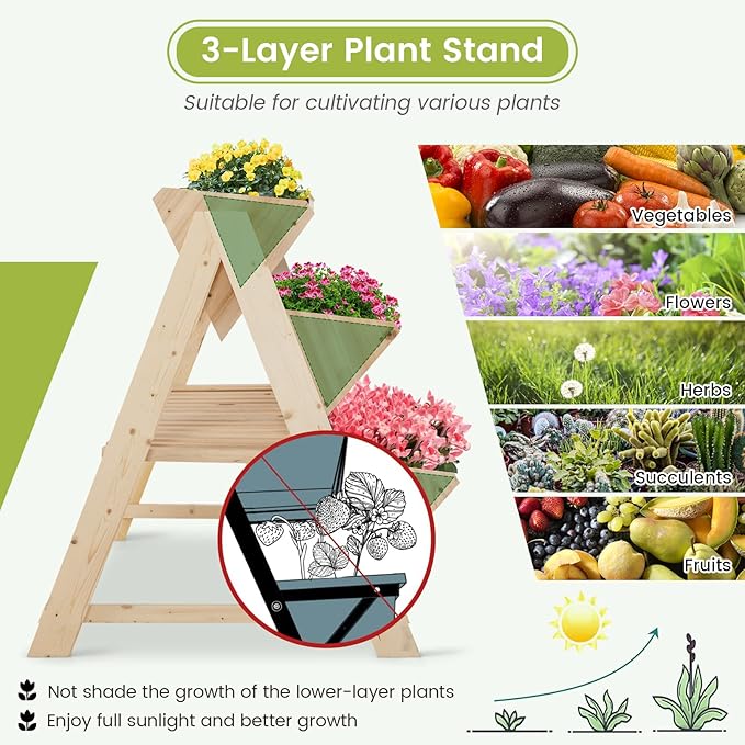 S AFSTAR 3-Tier Vertical Garden Bed Wooden Elevated Planter Bed with Legs Storage Shelf 2 Hooks Raised Bed Kit for Flower Vegetable Herb Outdoor Plant Box Stand for Yard Garden &amp Balcony