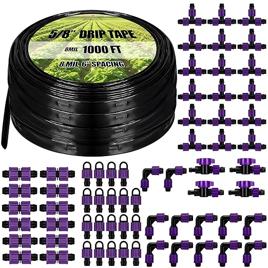 Tondiamo 1000' 5/8 Inch Drip Tape Irrigation Tubing Kit 8 Mil 6 Spacing Garden Hose Watering Tube Line Automatic Equipment for Garden Irrigation System Farms Landscape Lawn