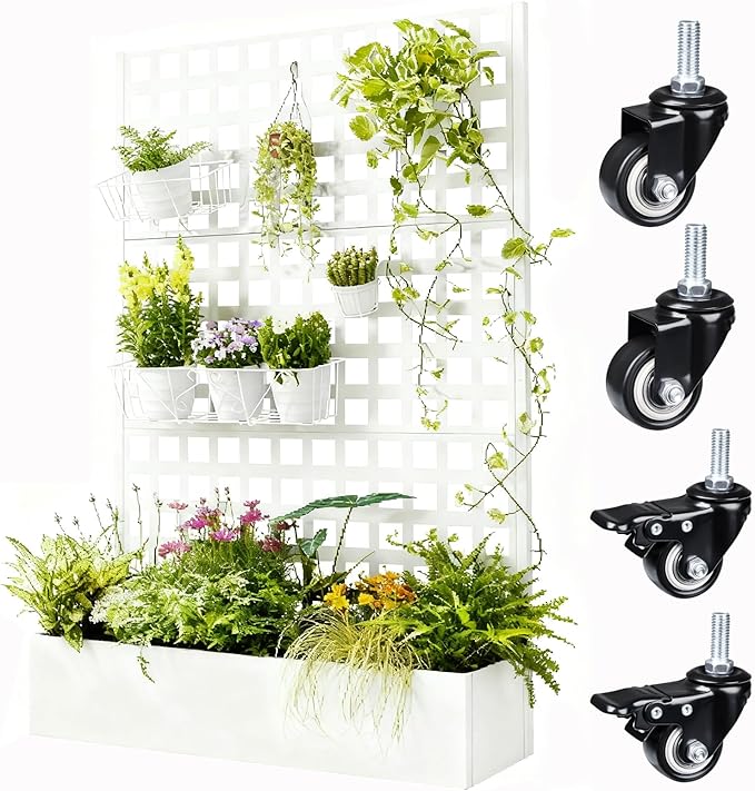 Metal Planter Box with Trellis 71x47x16 Raised Garden Bed Outdoor with Privacy Screen &amp Lattice Trellis &amp Lockable Casters Vertical Garden Box with Drainage Hole for Climbing Plants Vege