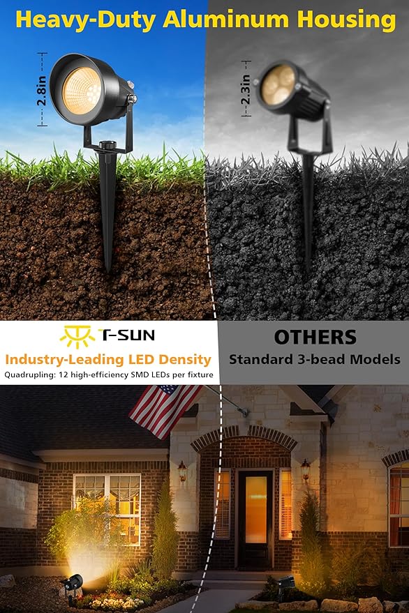 T-SUN Dusk to Dawn Outdoor Lighting Flag Spot Lights with Photocell Auto On/Off Waterproof 3000K Warm White LED Plug-in Landscape Spotlights for Garden Yard Tree Pathway Pole House