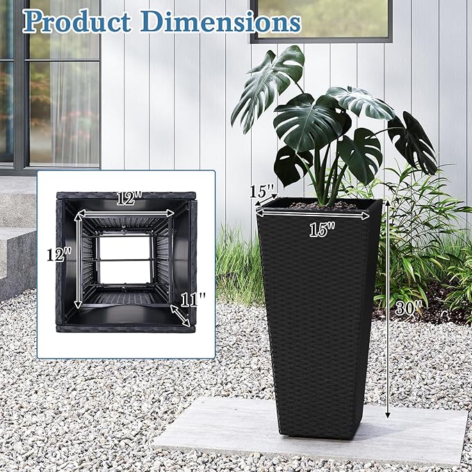 HAPPYGRILL 30 Tall Flower Pot Set of 2 Modern Decorative Planter Pots w/Open-Ended Base PE Rattan Frame Non-Woven Soil Bag Square Textured Flower Pots for Outdoor Garden Patio Front Porch