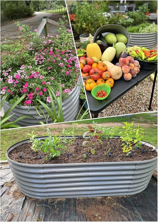 A ANLEOLIFE 2-Set 8X4X2 ft Galvanized Raised Garden Bed Kit Oval Metal Deep Root Planters for Outdoor Plants Quartz Grey