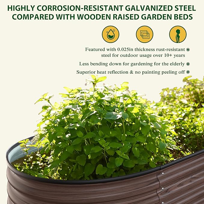 MUPATER 8x2x1 ft Raised Garden Bed Outdoor for Vegetables 9-in-1 Galvanized Metal Planter Box 11.1'' H Modular Garden Bed Kit Oval for Herbs and Flowers Rustic