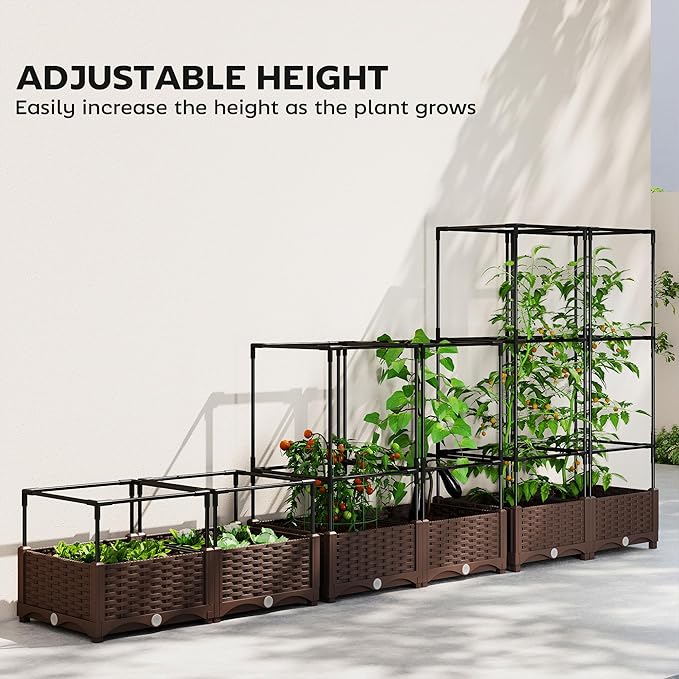 Outsunny Raised Garden Bed with Trellis 46.5 Tomato Cage with Crop Cage Self Watering Planter Box with Drainage Holes and Plugs for Outdoor Patio Climbing Plants Vines Vegetables Flowers White