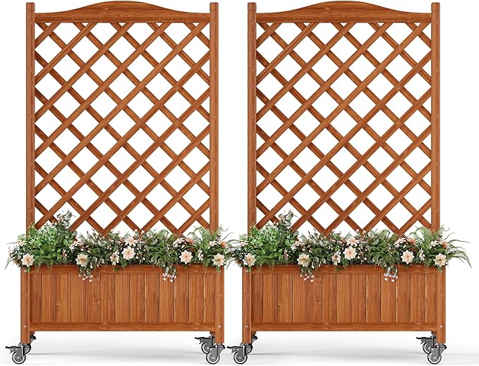 Upgraded 2-Pack 50 Tall Trellis Planter Box with Wheels 49.8H × 27.6W × 13.0D Solid Fir Wood Raised Garden Bed &amp Lattice Privacy Screen Rolling Planter with Drainage for Patio/Garden