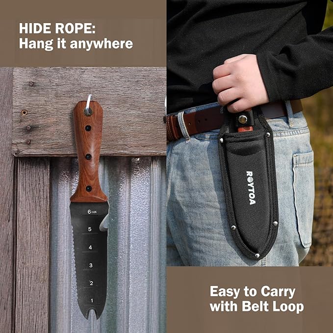 Hori Hori Garden Knife Garden Tools with Sheath for WeedingPlantingDigging 7 Stainless Steel Blade with Cutting Edge Rosewood Handle with Hanging Hole