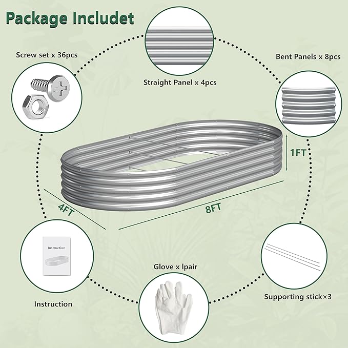 2PCS 8x4x1FT Galvanized Raised Garden Bed KitVegetable Boxes-Oval Metal Flower BoxLarge Planter Raised Beds Outdoor Garden for PlantingFruitHerb-Silver