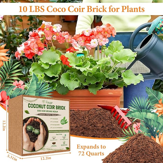 Legigo 10LBS Organic Coco Coir Brick for Plants- 100% Natural Compressed Coconut Coir Brick with Low EC &amp pH Balance Coco Coir Fiber Grow Medium Potting Soil for Herbs Flowers Plants and Reptil