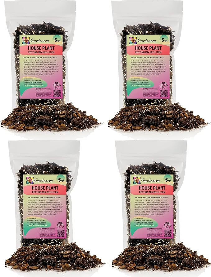 Premium Gardenera House Plant Potting Mix - 20 Quart - Fern + New Zealand Bark + Perlite | Great for Pothos Spider Plants Montsera Philodendron English Ivy (4 Bags of 5 Quart)