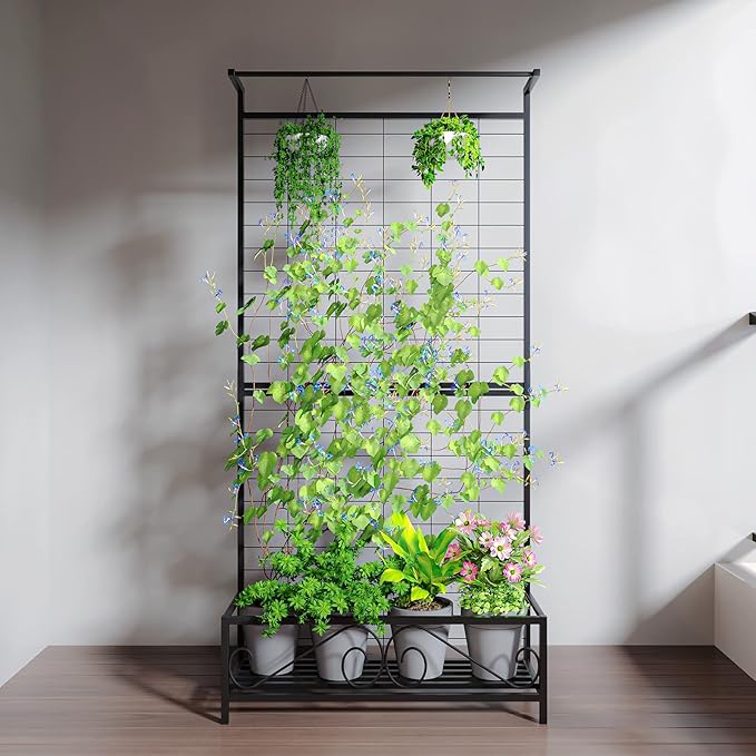 Zhongma Metal Planter with Trellis Raised Bed with Trellis for Vine Climbing Plants Flowers(12.8 x 35.43 x 74 in) 74 Inch Height Privacy Screen with Hanging Plant Pot Shelf