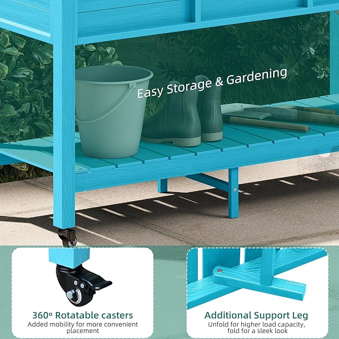 YITAHOME Raised Garden Bed HDPE 47x18x31In Raised Flower Bed Poly-Wood Weather-Resistant Elevated Planter Box with Lockable Wheels &amp Storage Shelf for Vegetable Flower Aruba Blue