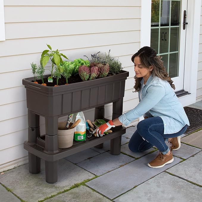 Simplay3 American Home Raised Garden Bed Outdoor Planter with Garden Tools Storage Shelf 36 L x 30 H Garden Bed Dark Brown