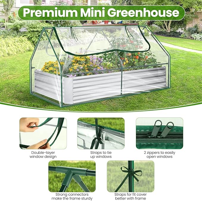 6x3x3ft Galvanized Raised Garden Bed with Cover Extra-Thick Metal Planter Box Kit w/ 2 Roll-Up Large Screen Windows Mini Greenhouse &amp1 Pair of Gloves for Growing Vegetables Fruits Flower Clear
