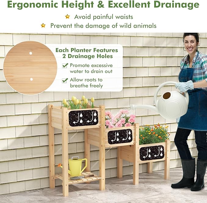 S AFSTAR 3-Tier Wooden Raised Garden Bed Elevated Garden Planter with 3 Planter Boxes Open Storage Shelf Drainage Holes Outdoor Vertical Plant Container for Vegetables Flowers Herbs Growing