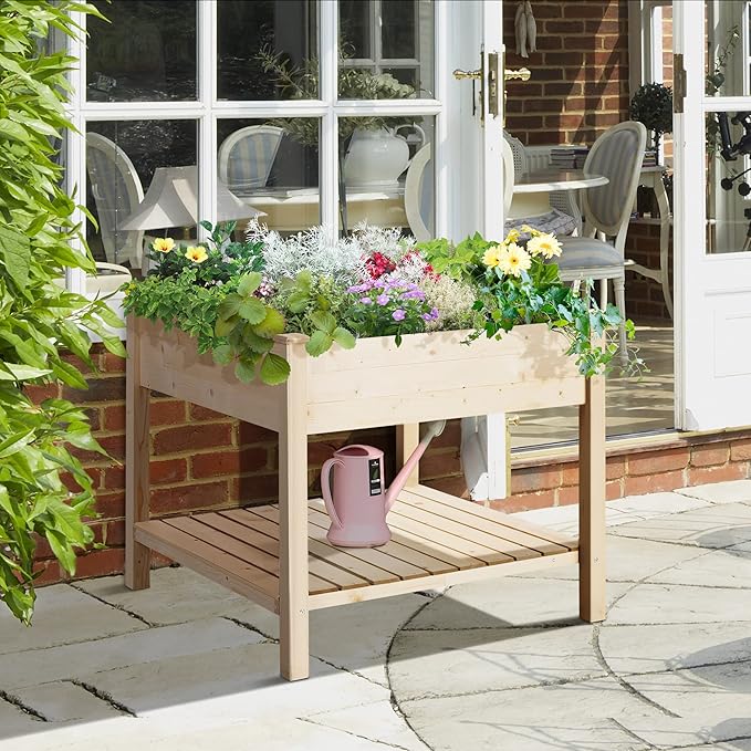 36'' x 36'' Raised Garden Bed with Storage Shelf 2 Tiers Elevated Wooden Planter Box Stand for Vegetable Flower Herb Patio Balcony and Backyard