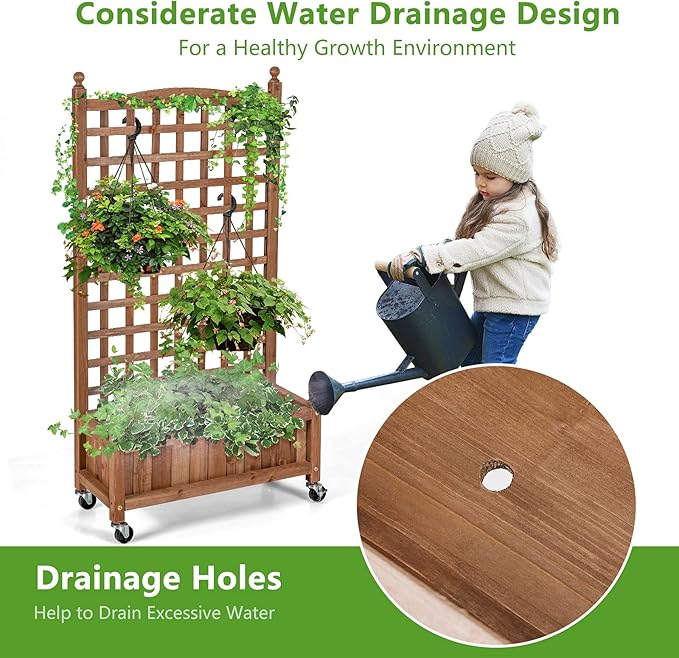 Giantex Set of 2 Mobile Plant Raised Bed Wood Planter with Lattice Trellis and Wheels Flower Box for Plant Climbing Vertical Garden for Balcony Patio Yard 25x11x 50